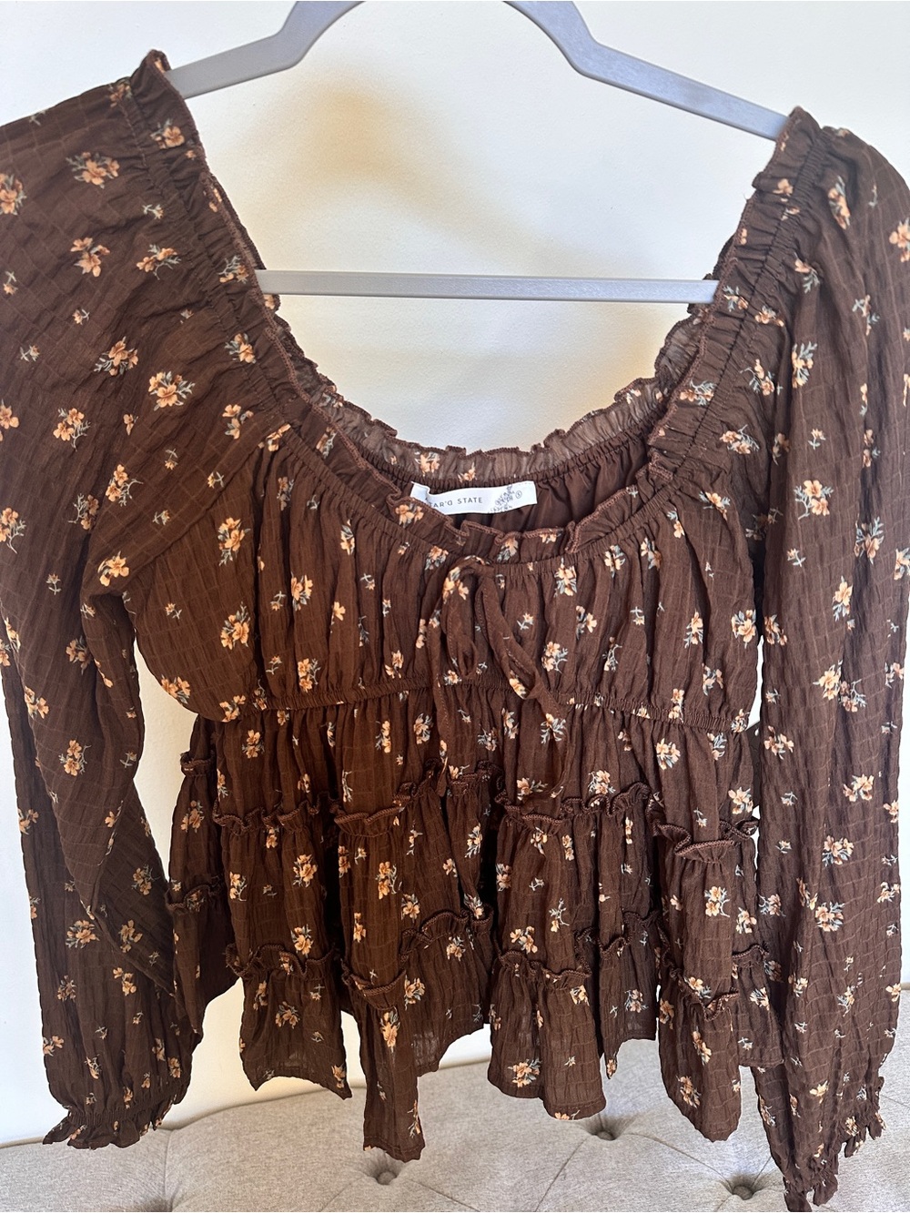NWT Altar’d State Babydoll Top Long Sleeve Floral Brown Blouse